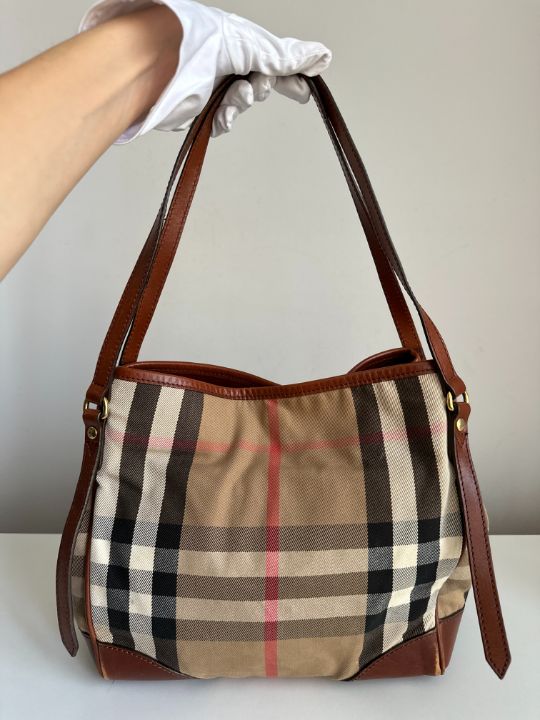 Burberry Brown Leather Bridle House Check Canvas Canterbury Tote Bag