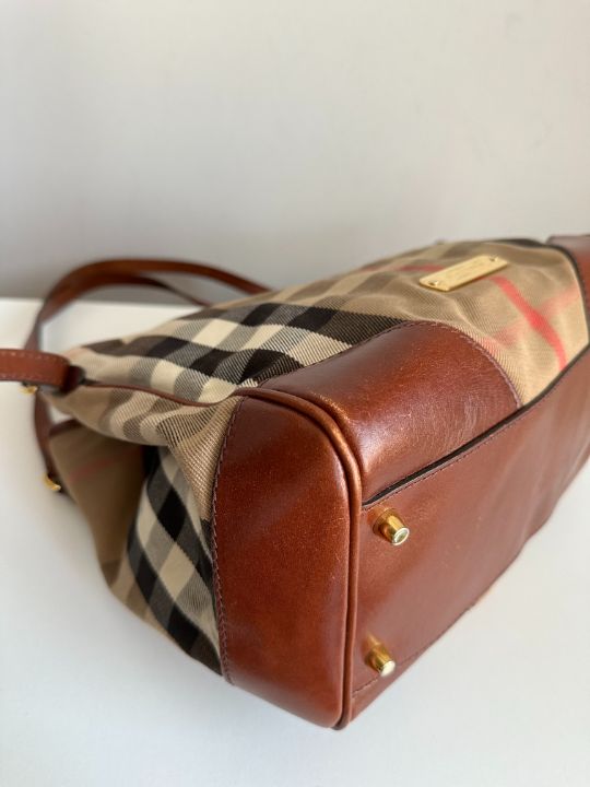 Burberry Brown Leather Bridle House Check Canvas Canterbury Tote Bag