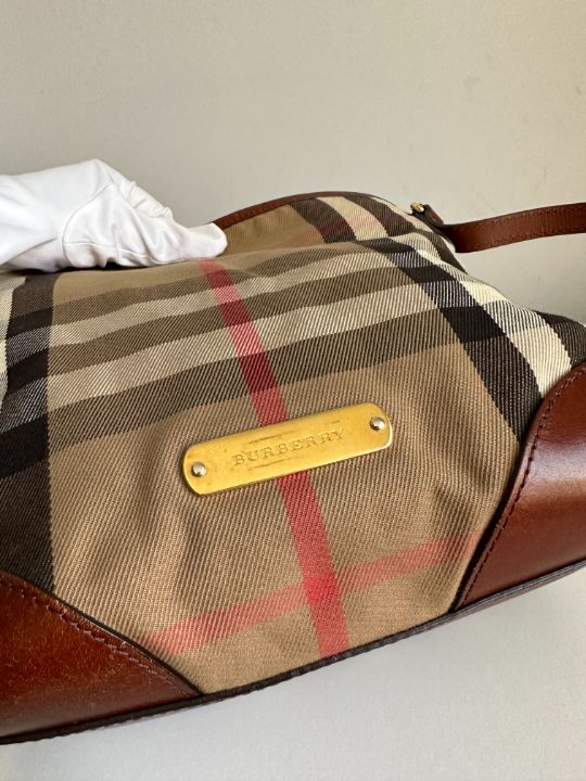 Burberry Brown Leather Bridle House Check Canvas Canterbury Tote Bag
