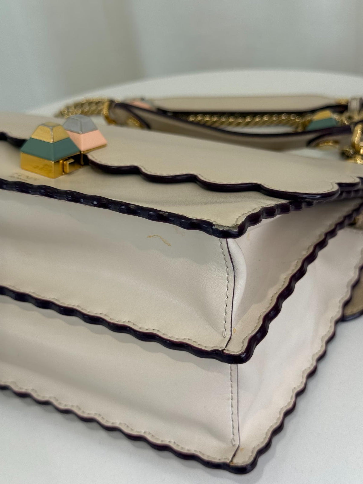 Fendi Beige Leather Small Scalloped Kan I Shoulder Bag