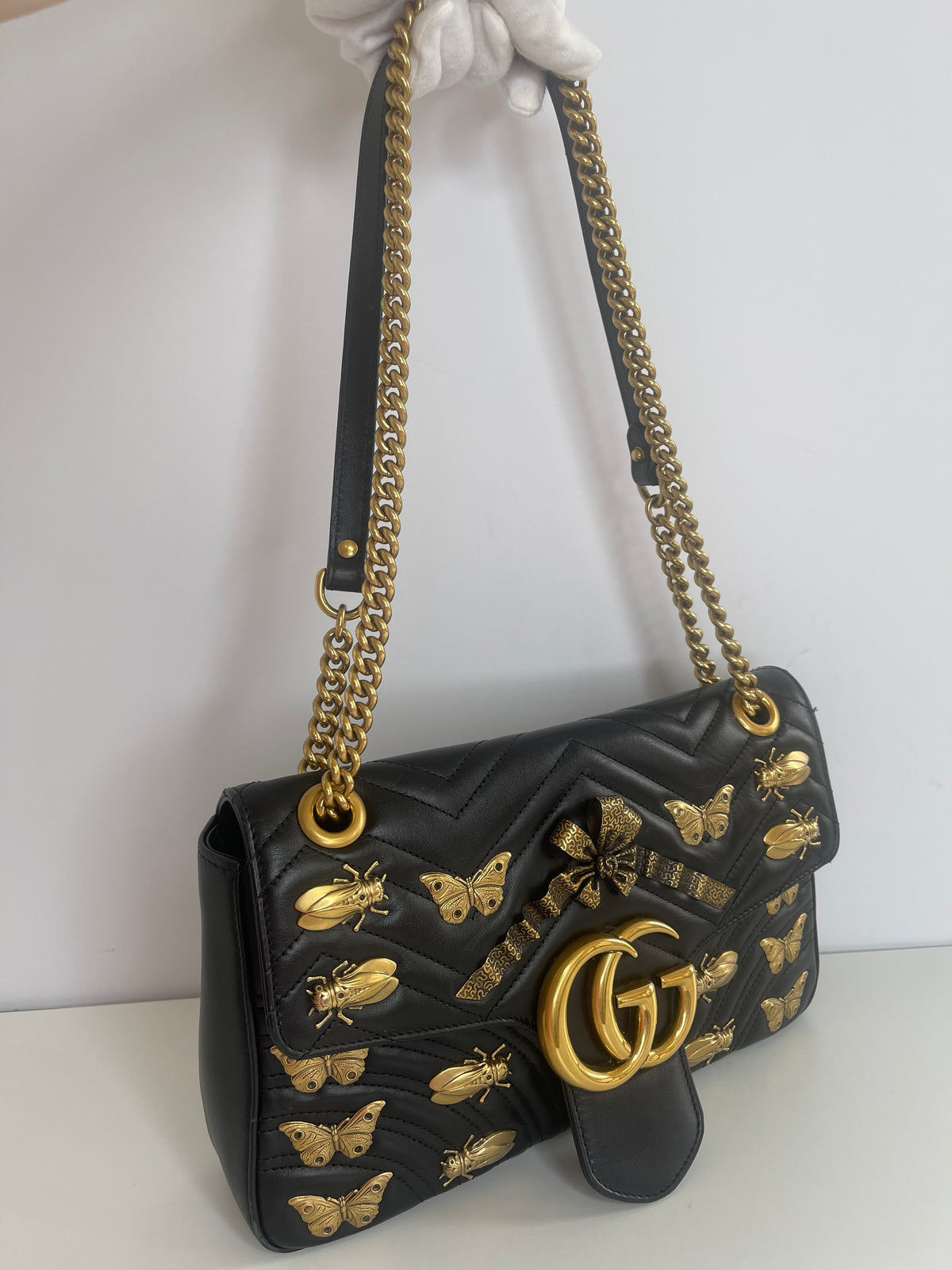 Gucci Calfskin Matelasse Animal Studs Medium GG Marmont Shoulder Bag Black