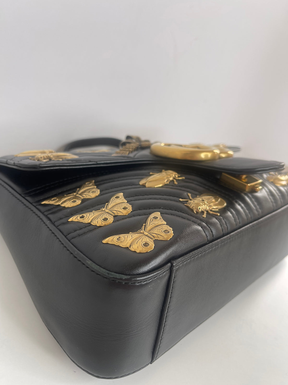 Gucci Calfskin Matelasse Animal Studs Medium GG Marmont Shoulder Bag Black