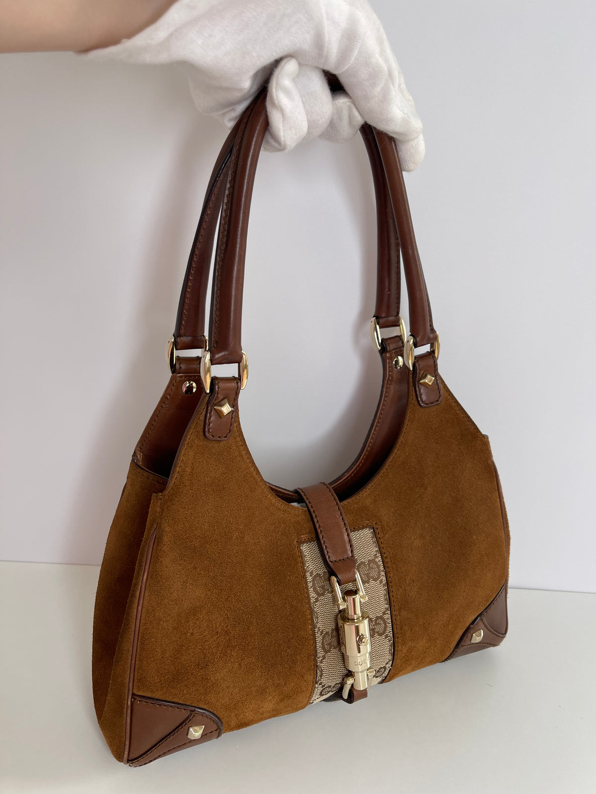 Gucci Jackie Brown Suede Leather/GG Canvas Small Hobo Bag
