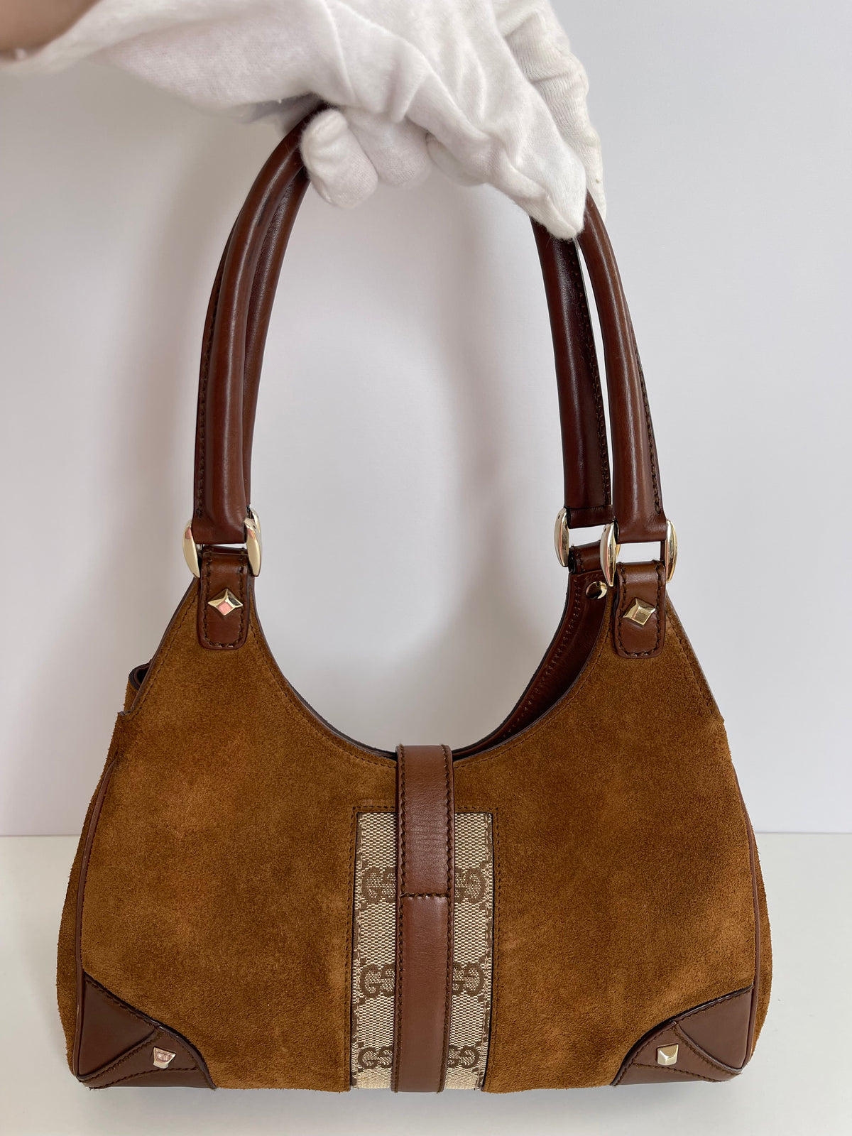 Gucci Jackie Brown Suede Leather/GG Canvas Small Hobo Bag