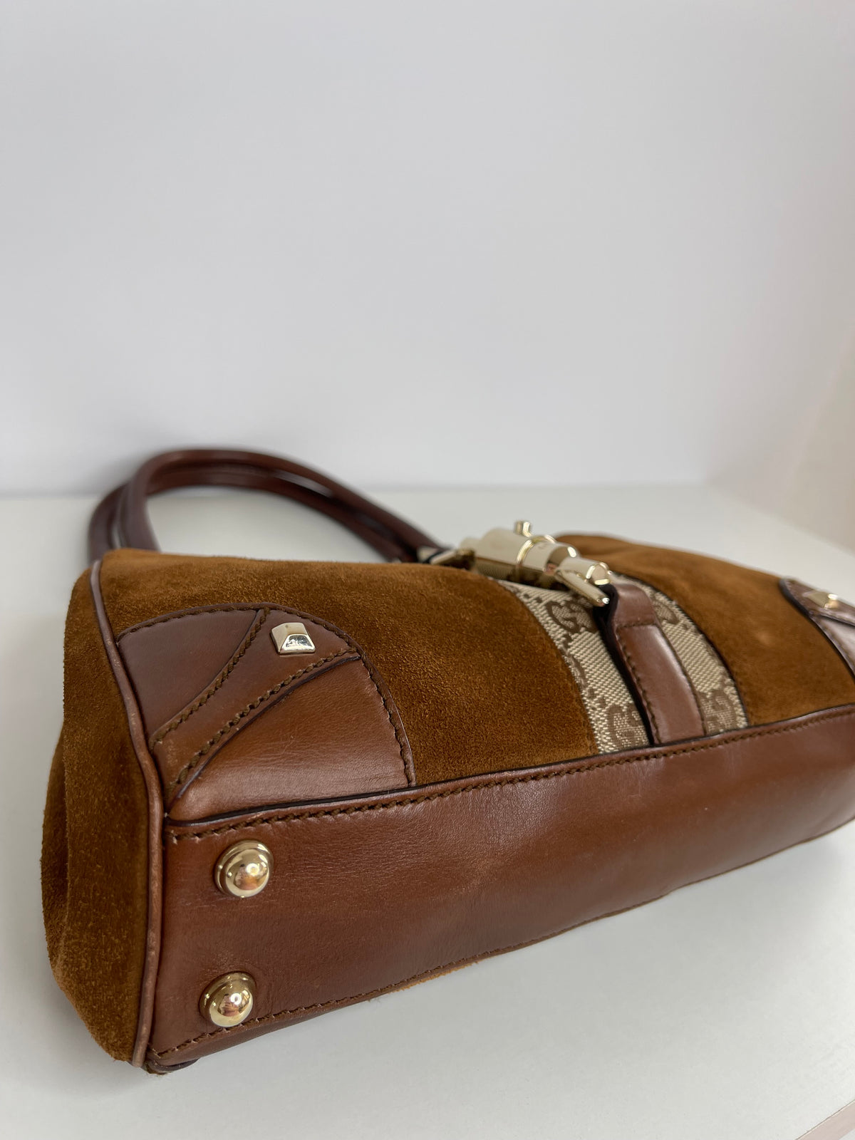 Gucci Jackie Brown Suede Leather/GG Canvas Small Hobo Bag