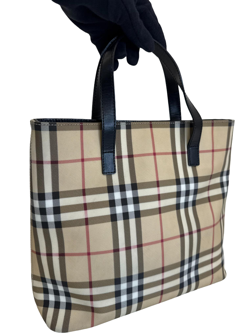 Burberry Beige House Check Canvas Leather Tote