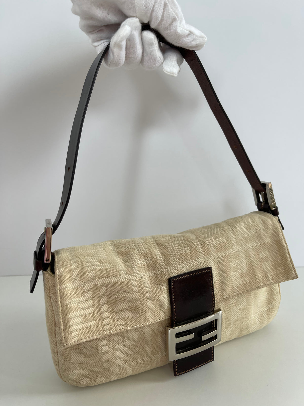 Fendi Iconic Beige Zucca Canvas  Baguette