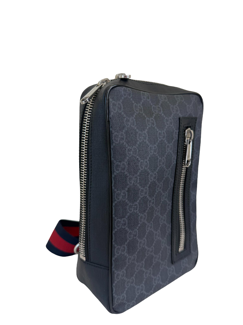 Gucci Black/Grey GG Supreme Monogram Web Sling Crossbody Bag