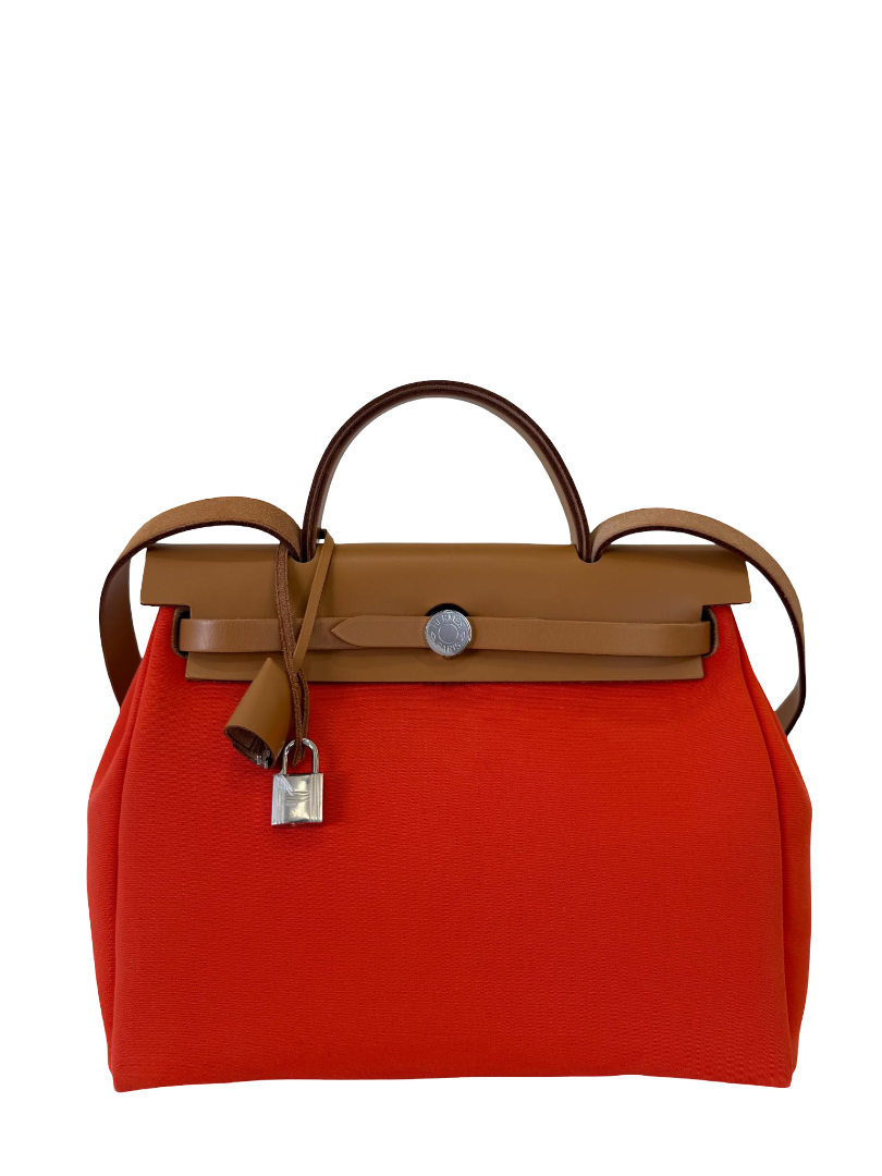 Hermès Herbag Zip 31 Orange Mecano Canvas and Tan Leather