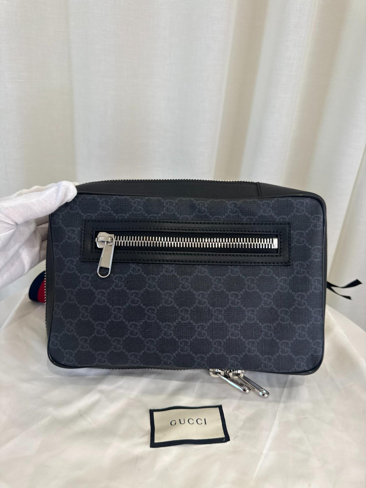 Gucci Black/Grey GG Supreme Monogram Web Sling Crossbody Bag