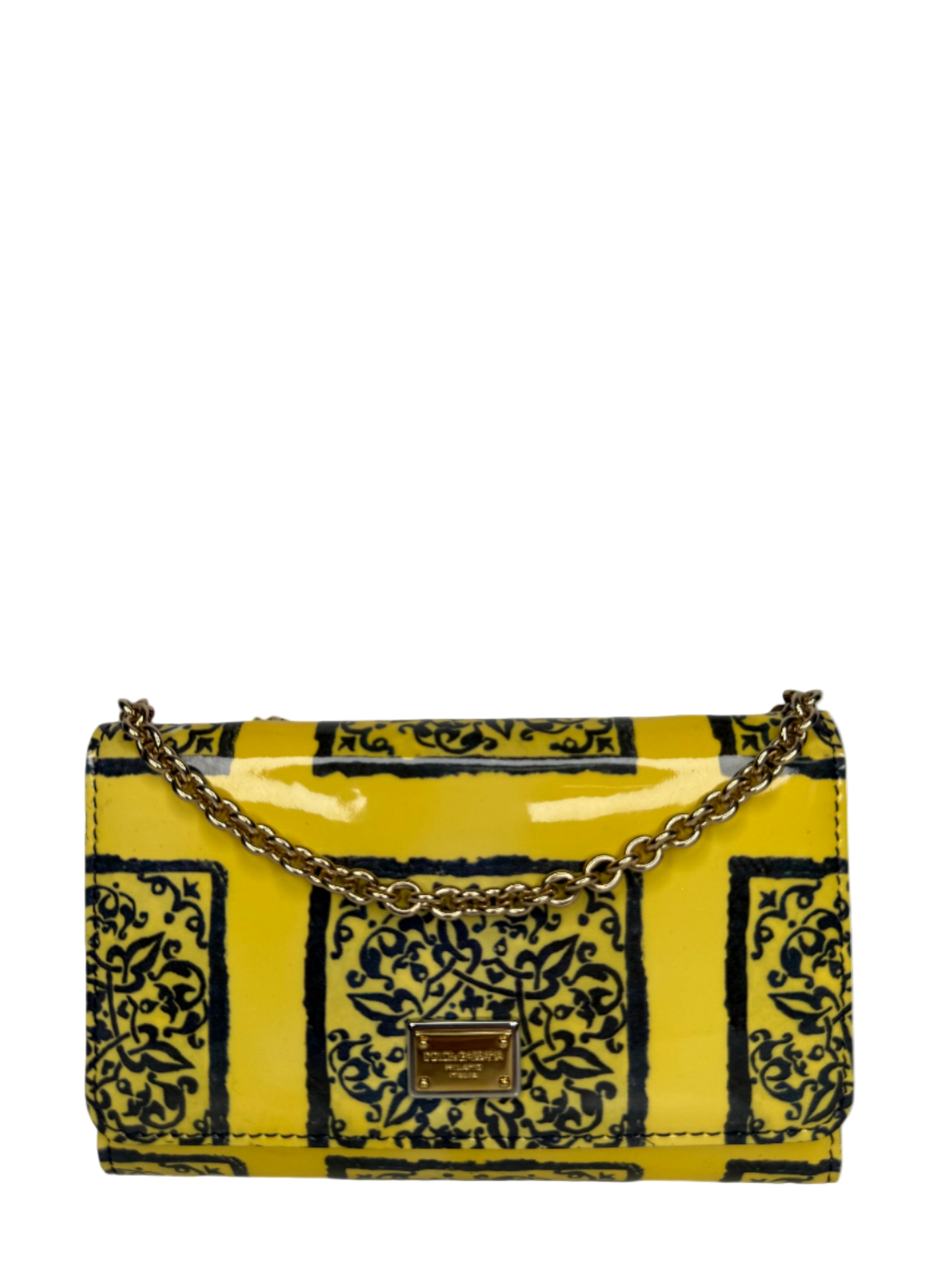 Dolce Gabbana Yellow Majolica Print Leather Mini Sicily Wallet on Chain