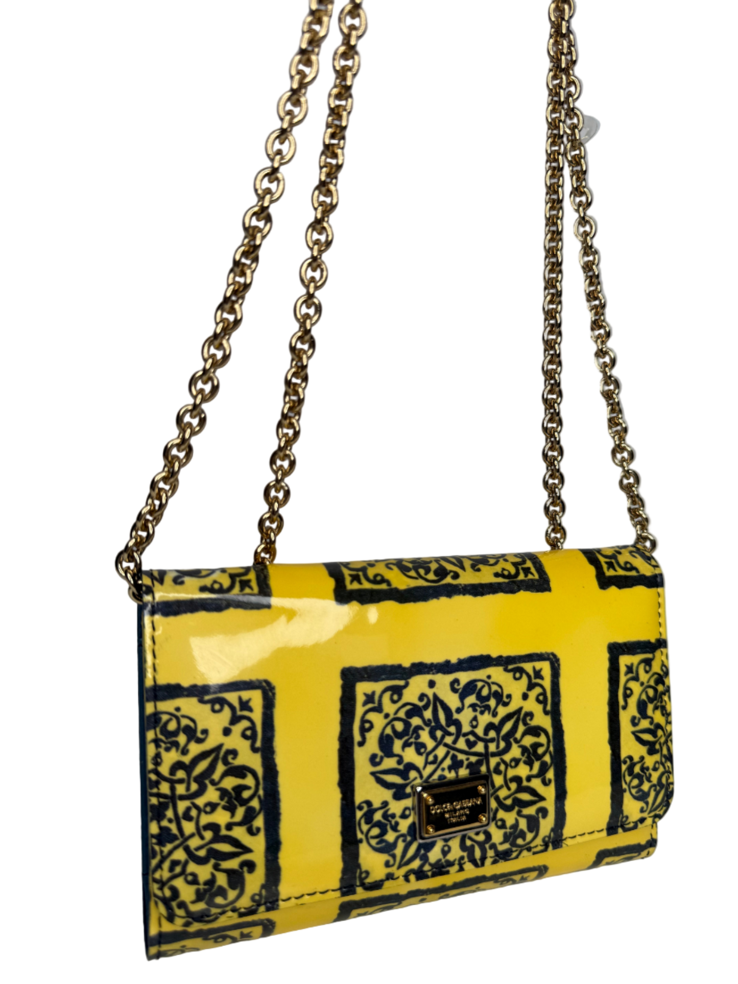 Dolce Gabbana Yellow Majolica Print Leather Mini Sicily Wallet on Chain