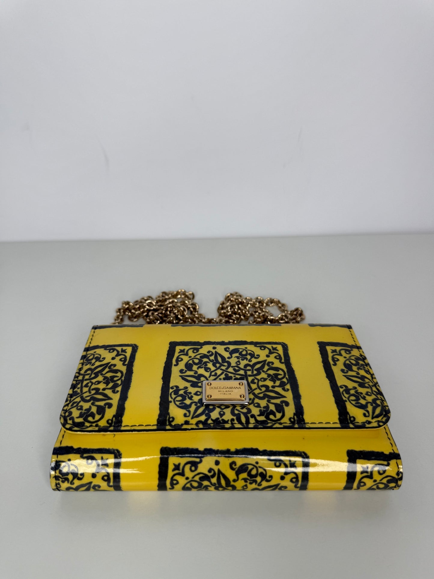 Dolce Gabbana Yellow Majolica Print Leather Mini Sicily Wallet on Chain