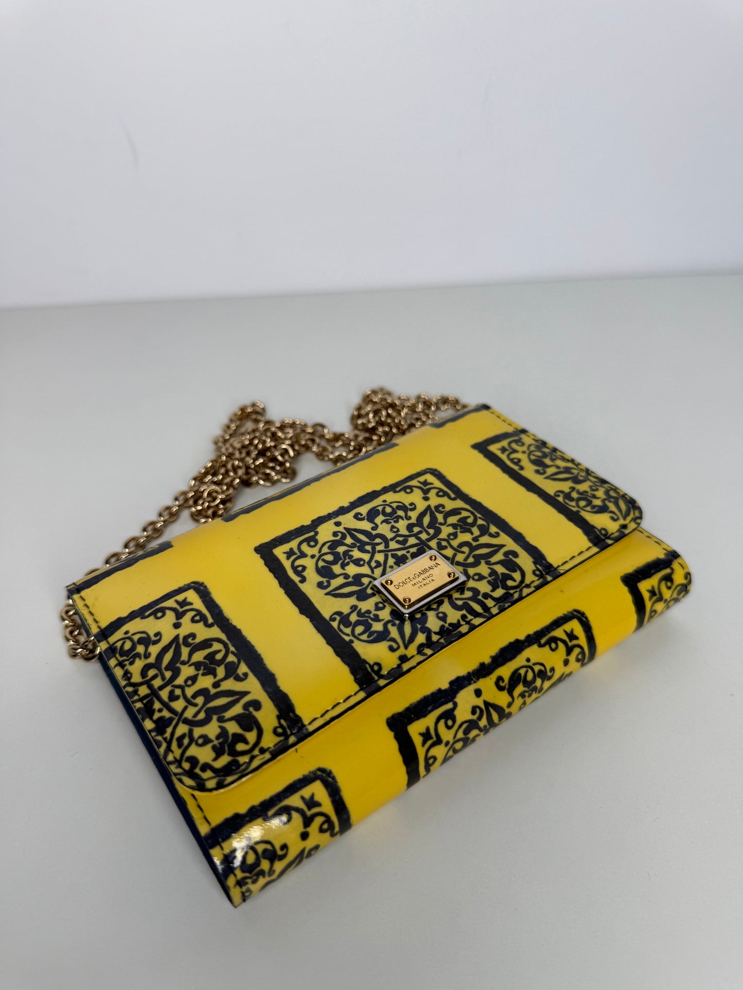 Dolce Gabbana Yellow Majolica Print Leather Mini Sicily Wallet on Chain