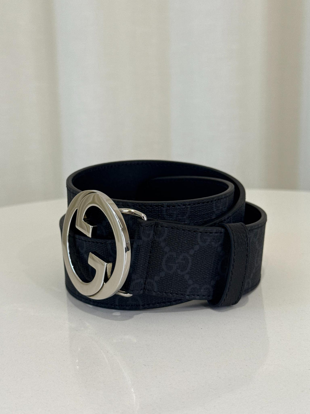 Gucci Black/Grey GG Supreme Coated Canvas Interlocking G Belt