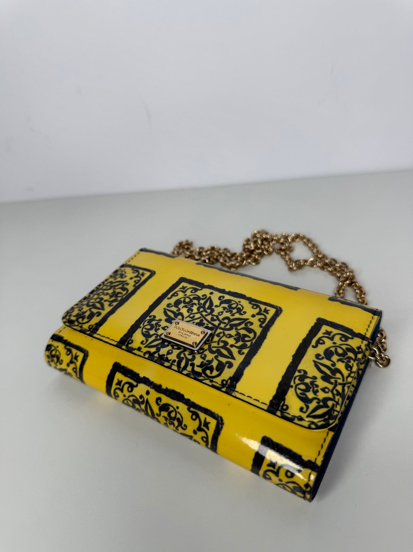 Dolce Gabbana Yellow Majolica Print Leather Mini Sicily Wallet on Chain