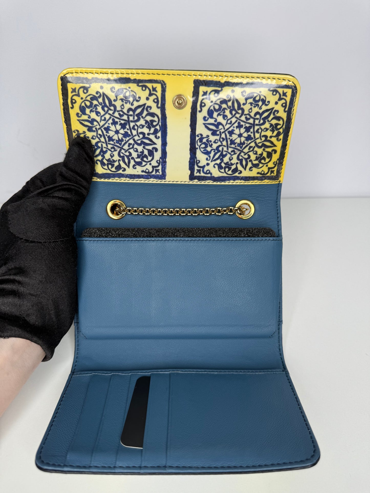 Dolce Gabbana Yellow Majolica Print Leather Mini Sicily Wallet on Chain