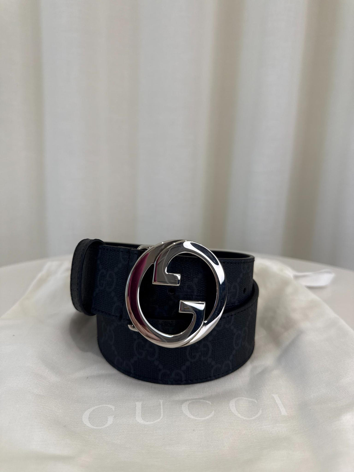 Gucci Black/Grey GG Supreme Coated Canvas Interlocking G Belt