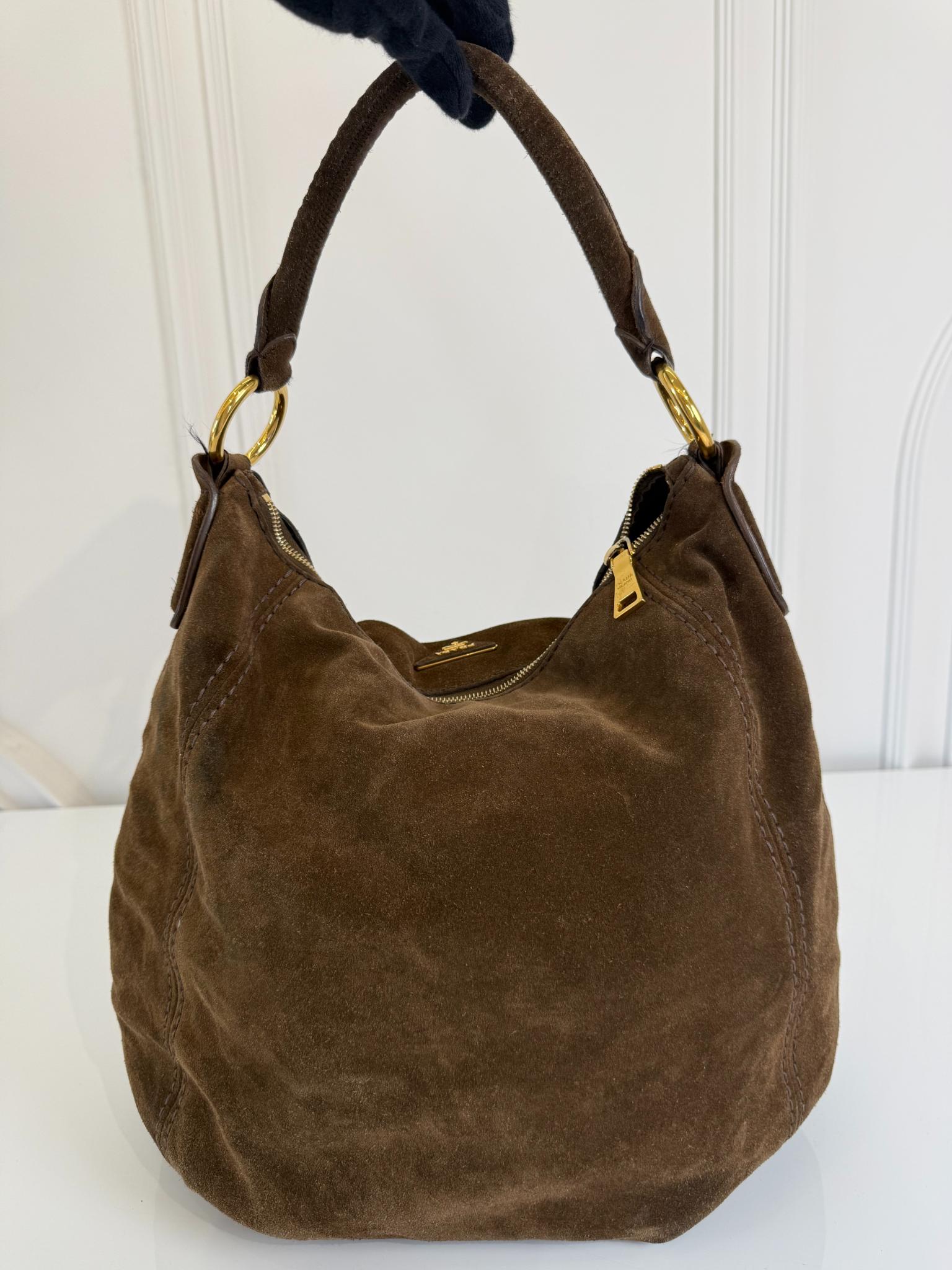 Prada Scamosciato Suede Brown Hobo Bag