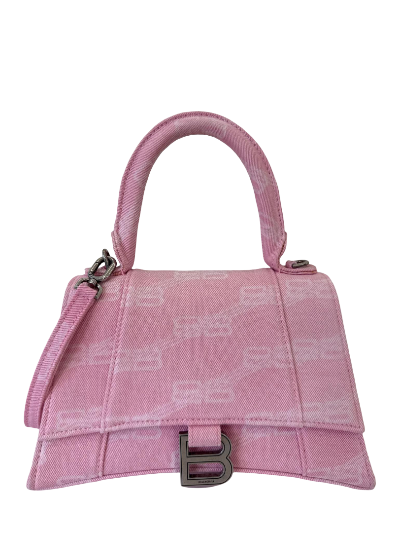Balenciaga Hourglass S Monogram Washed Pink Denim Top Handle Bag