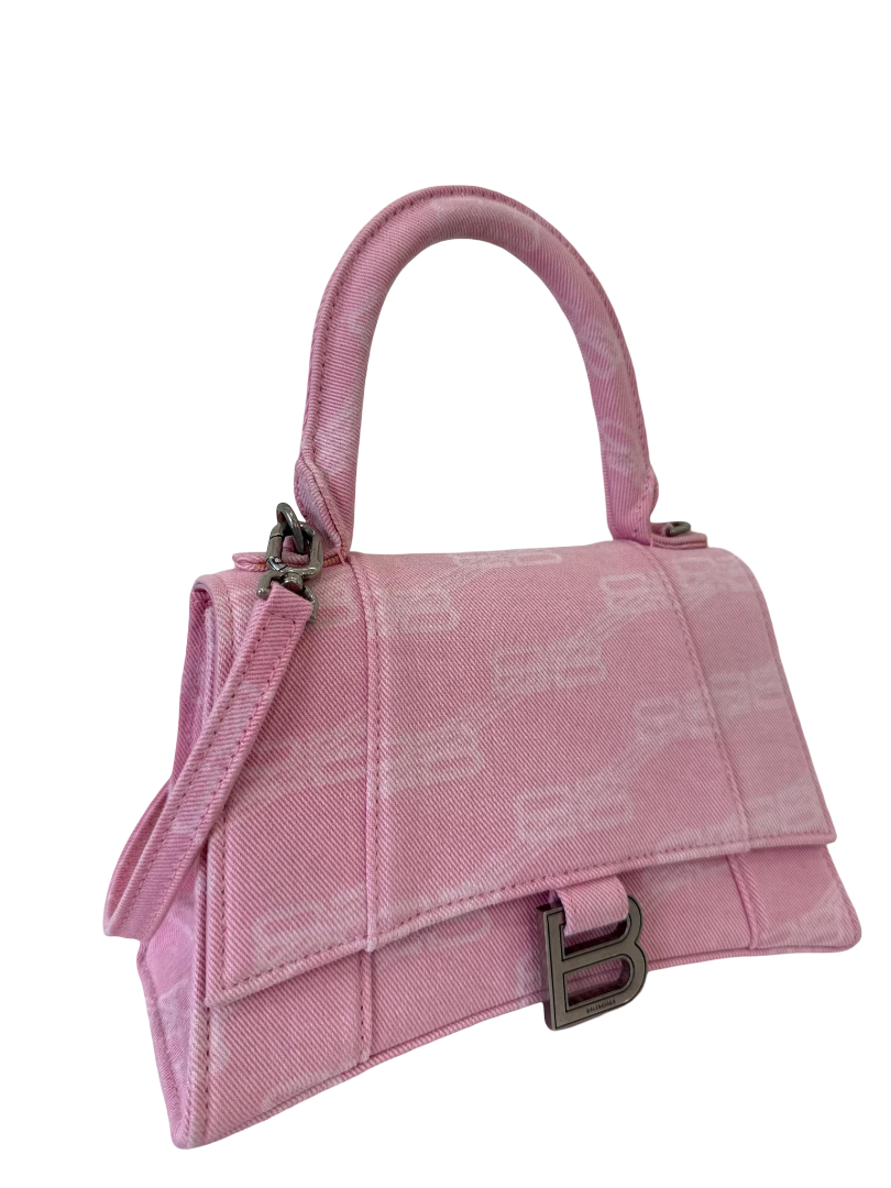 Balenciaga Hourglass S Monogram Washed Pink Denim Top Handle Bag