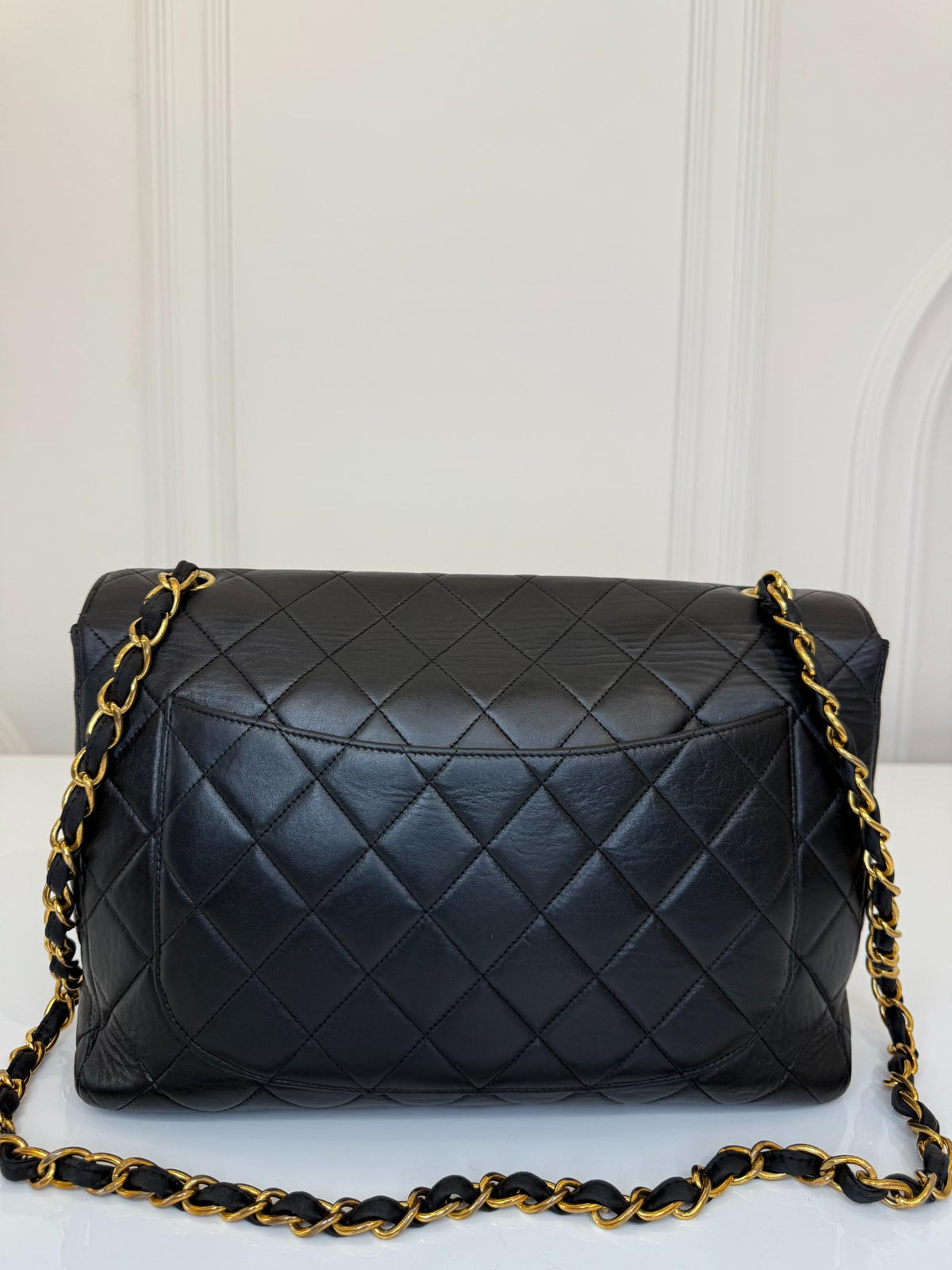Chanel Vintage Black Jumbo Classic Flap Bag Lambskin Leather 24K Gold Hardware