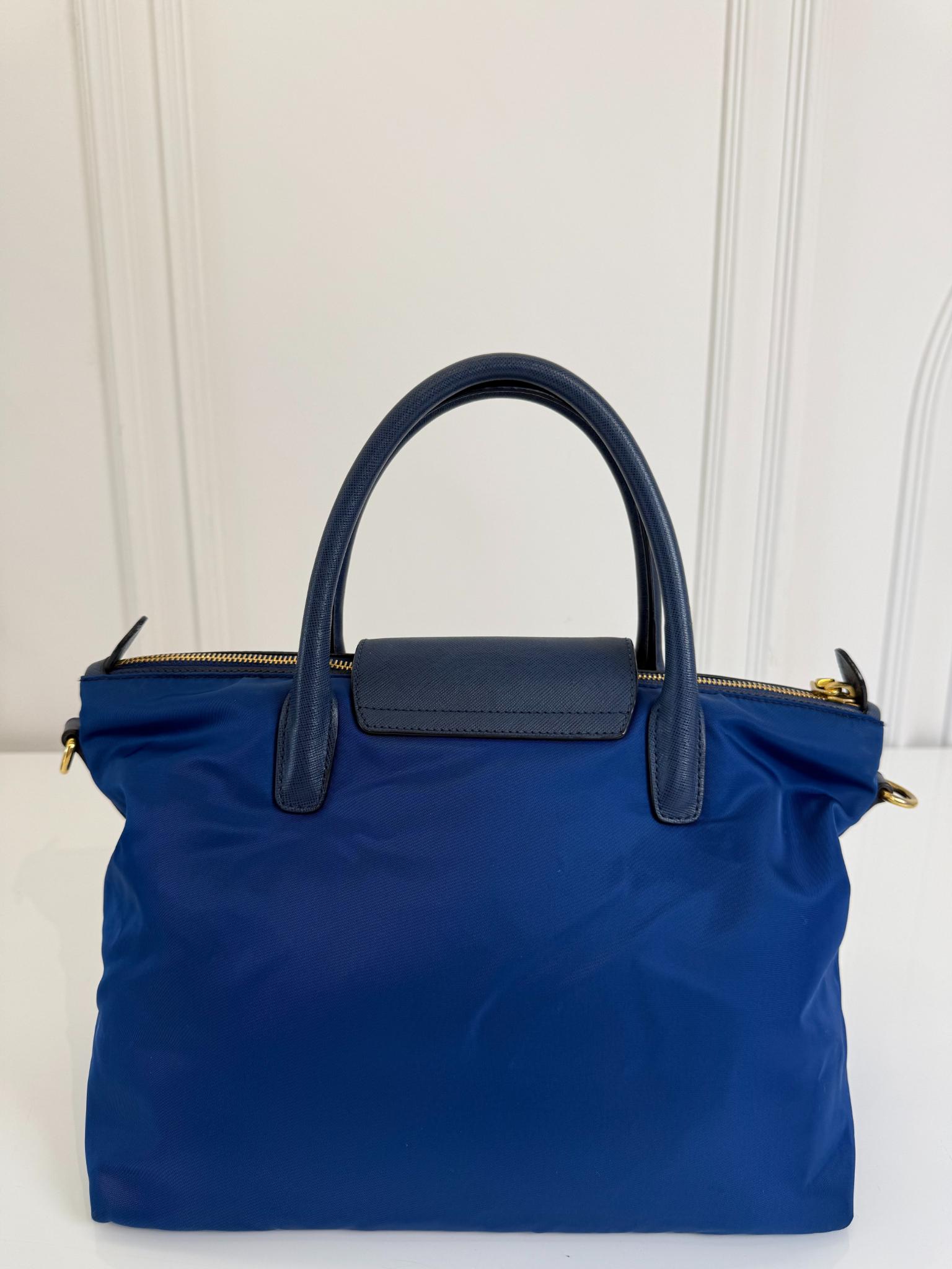 Prada Tessuto Saffiano and Leather 2Way Tote Bag Bluette