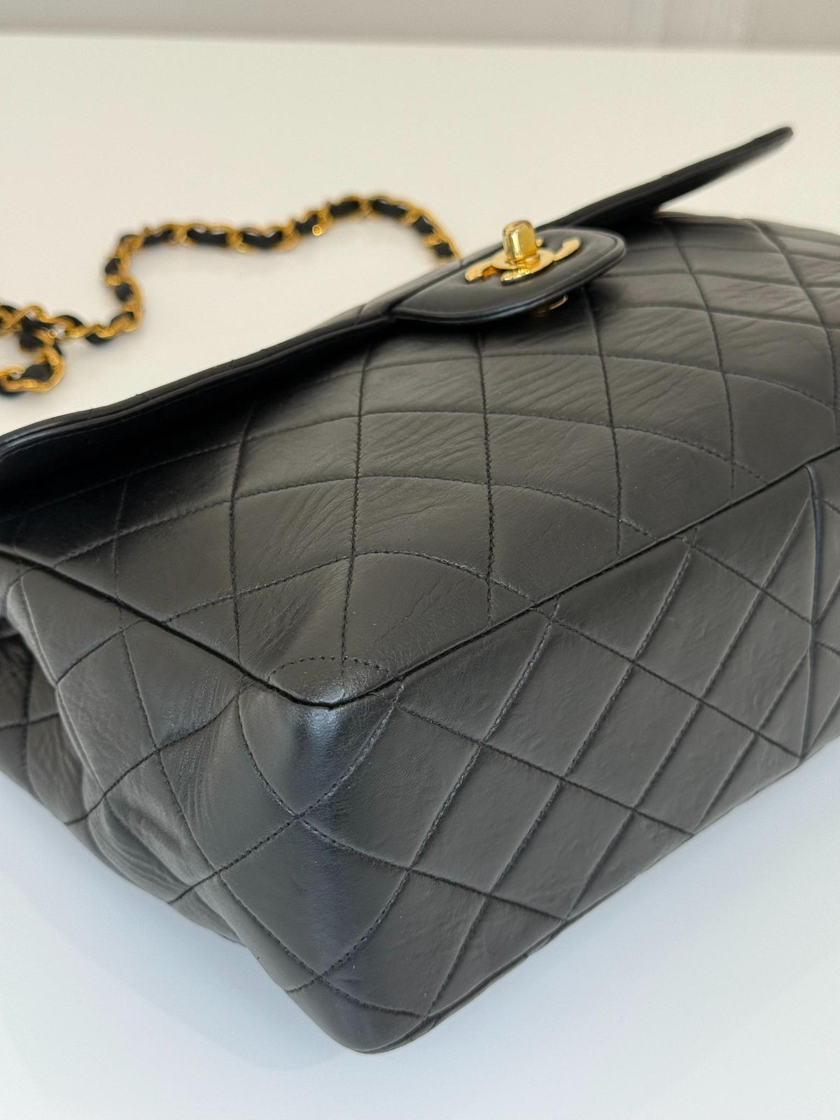 Chanel Vintage Black Jumbo Classic Flap Bag Lambskin Leather 24K Gold Hardware
