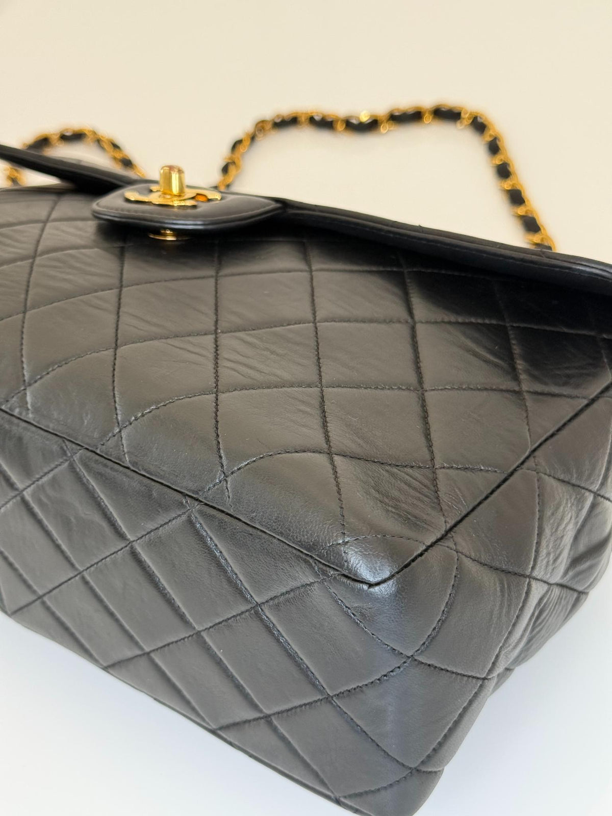 Chanel Vintage Black Jumbo Classic Flap Bag Lambskin Leather 24K Gold Hardware