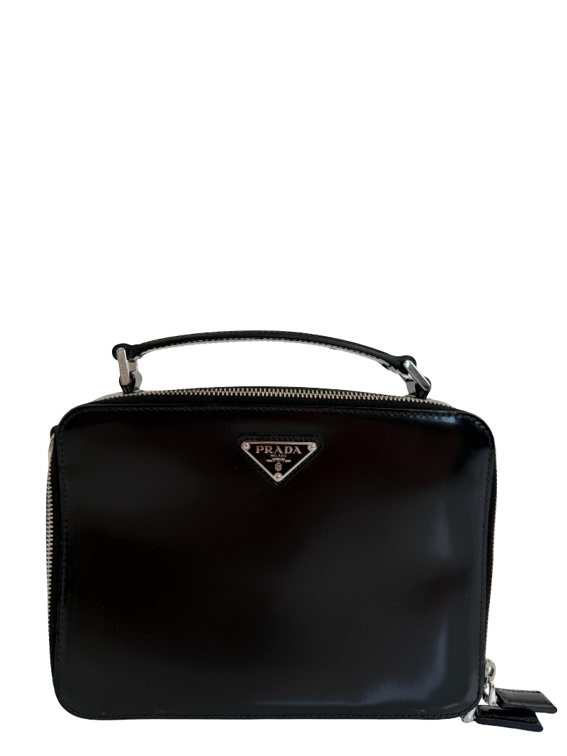 Prada Medium Black Brique Brushed Leather Top Handle Bag
