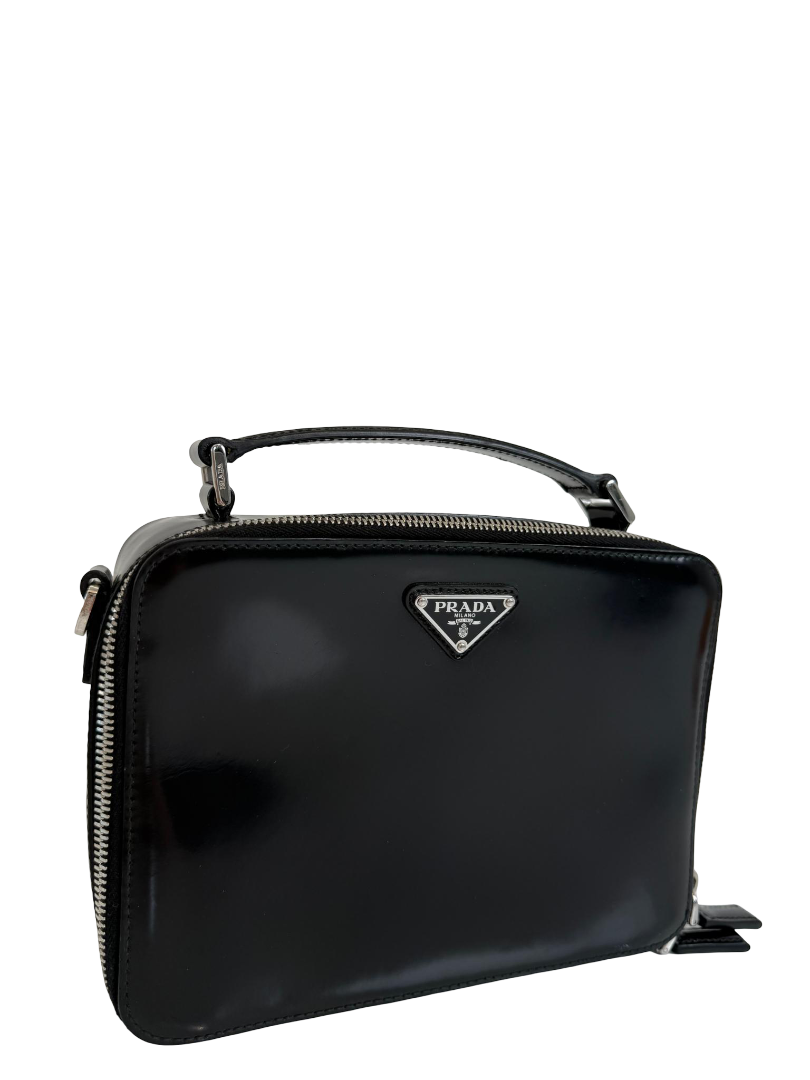 Prada Medium Black Brique Brushed Leather Top Handle Bag