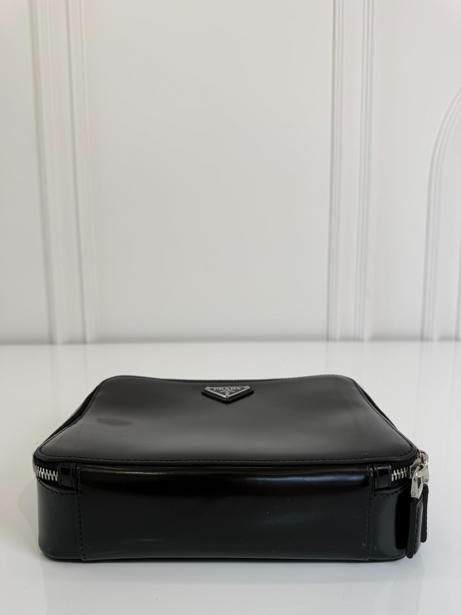 Prada Medium Black Brique Brushed Leather Top Handle Bag