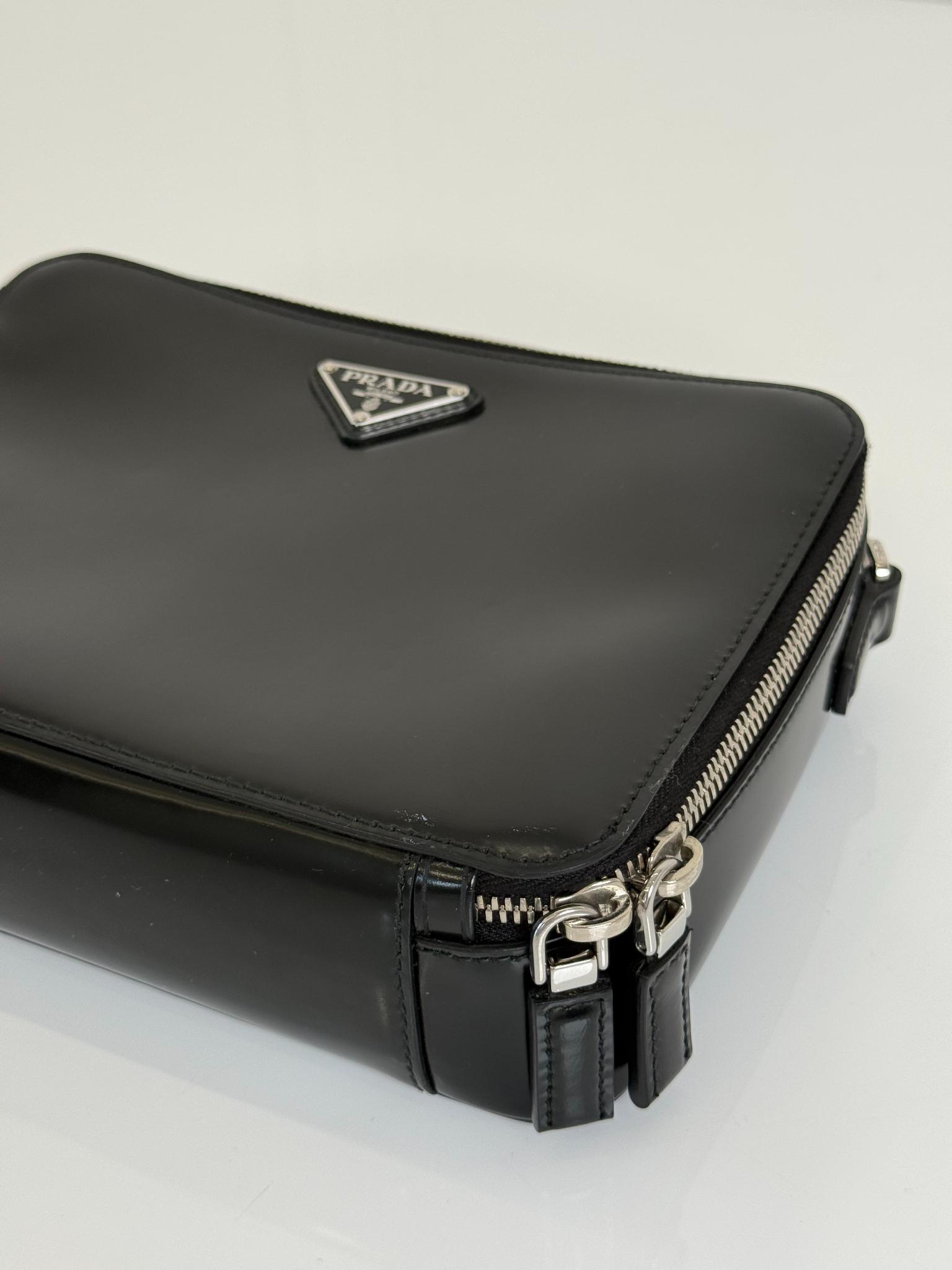 Prada Medium Black Brique Brushed Leather Top Handle Bag