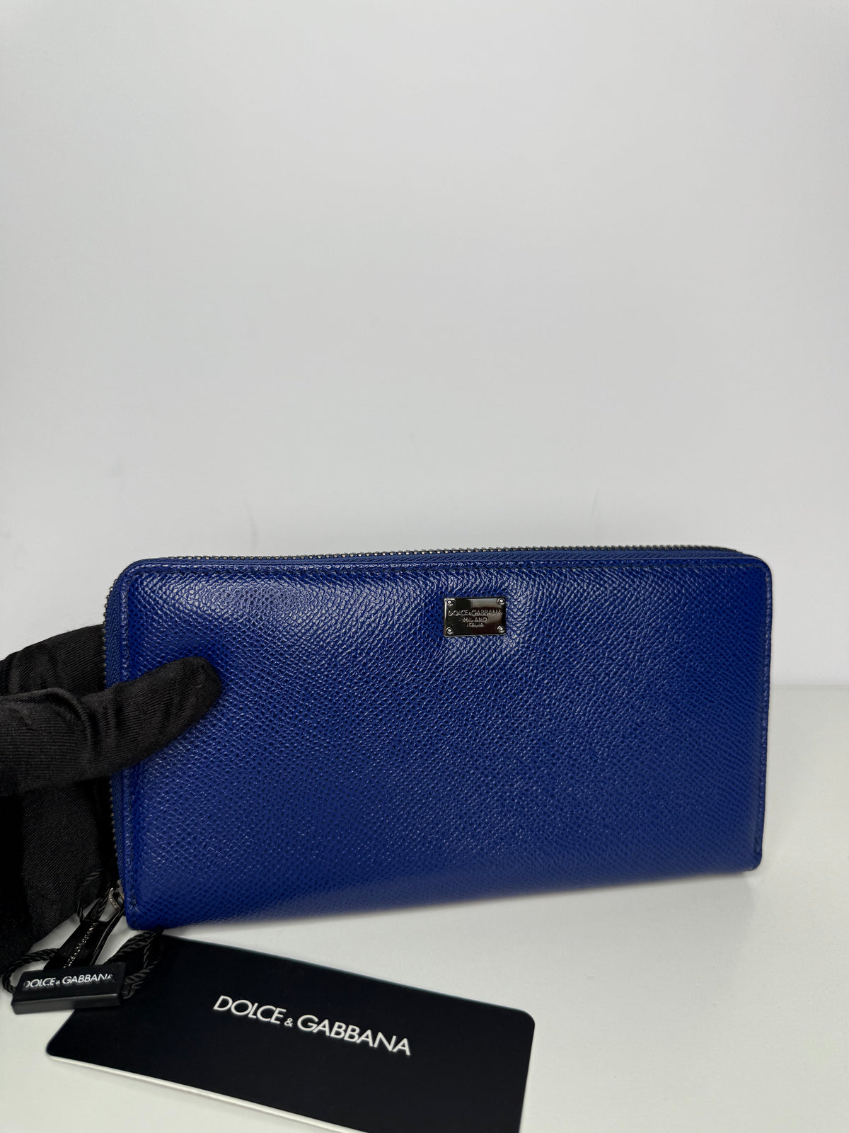 Dolce Gabbana Blue Dauphine Leather Zip Around Wallet