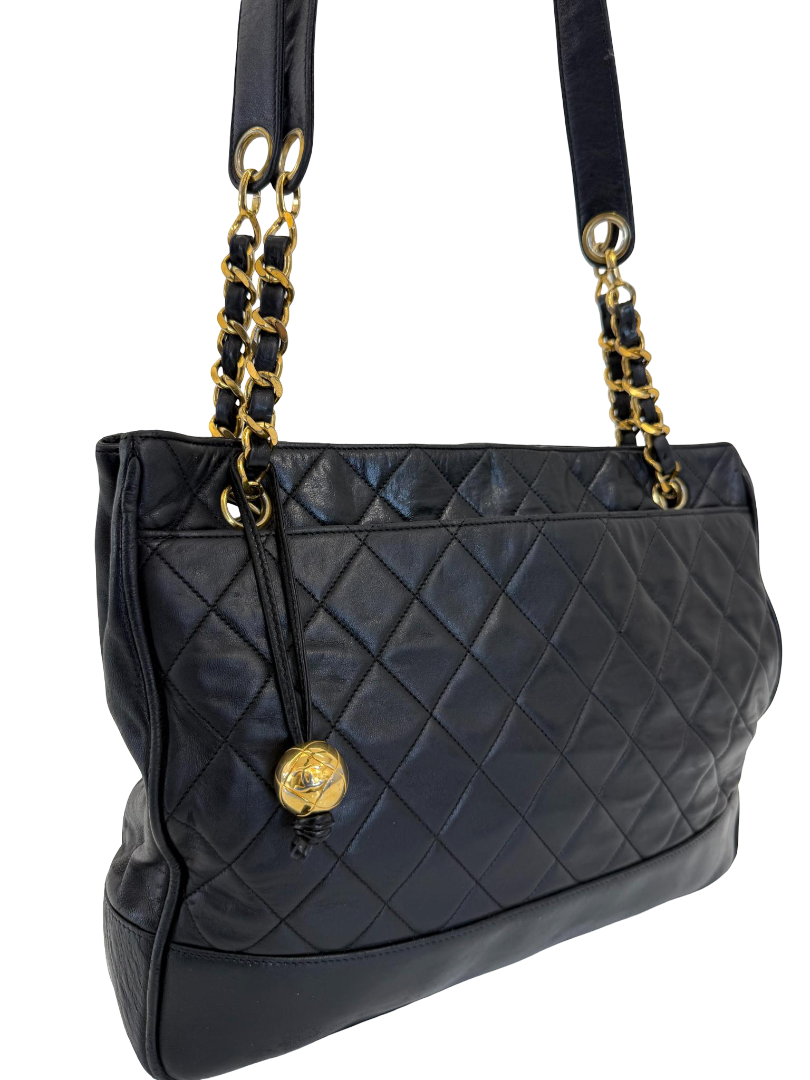 Chanel Vintage Black Quilted Matelasse Lambskin Leather Shoulder Bag