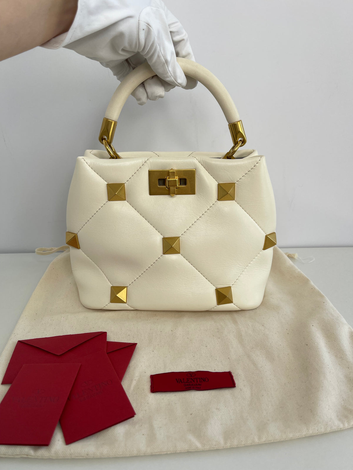 Valentino Garavani Small Roman Stud Off White Leather Bag