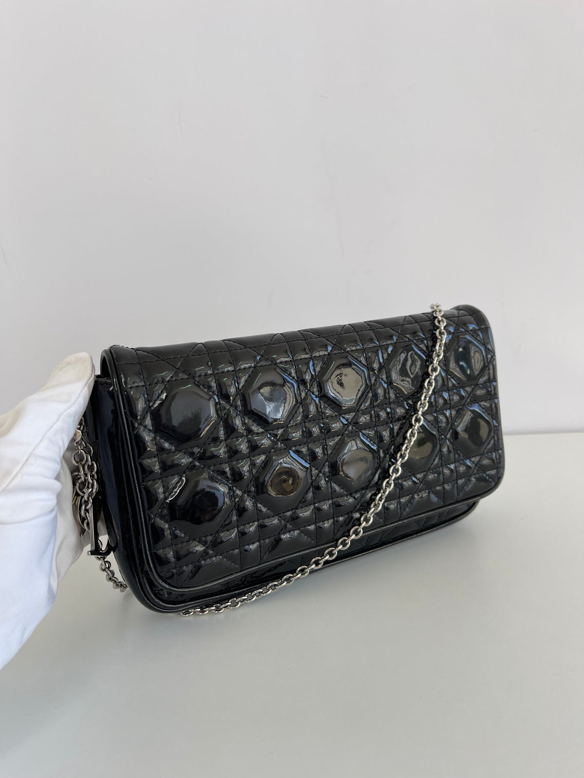 Christian Dior Cannage Wallet on Chain Black Patent Leather