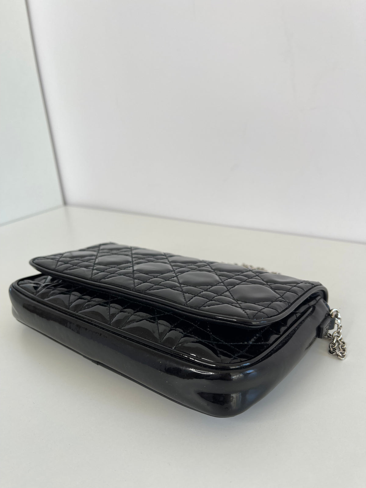 Christian Dior Cannage Wallet on Chain Black Patent Leather