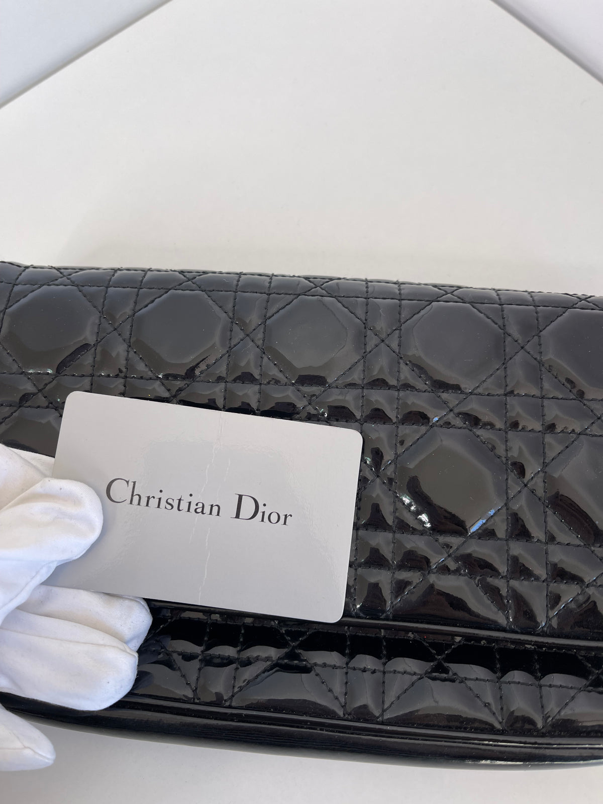 Christian Dior Cannage Wallet on Chain Black Patent Leather