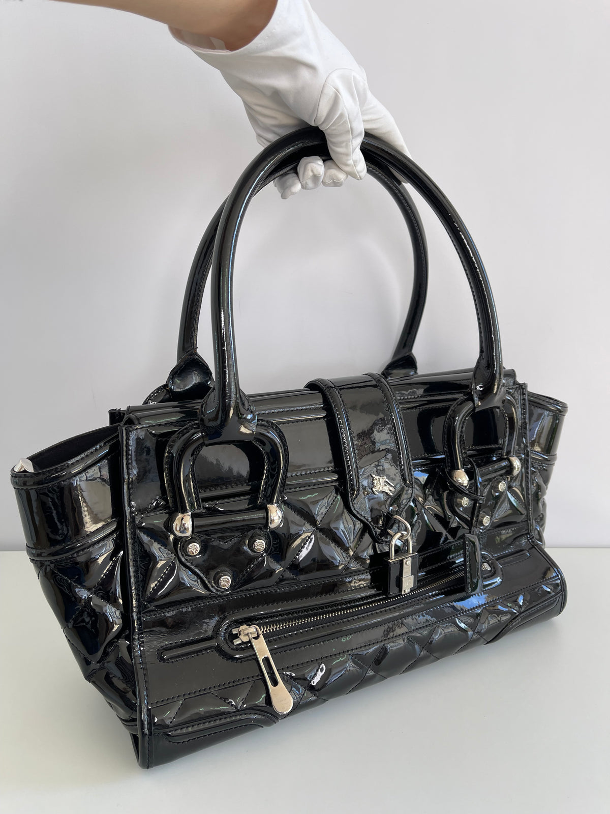 Burberry Black Quilted Patent Leather Manor Satchel