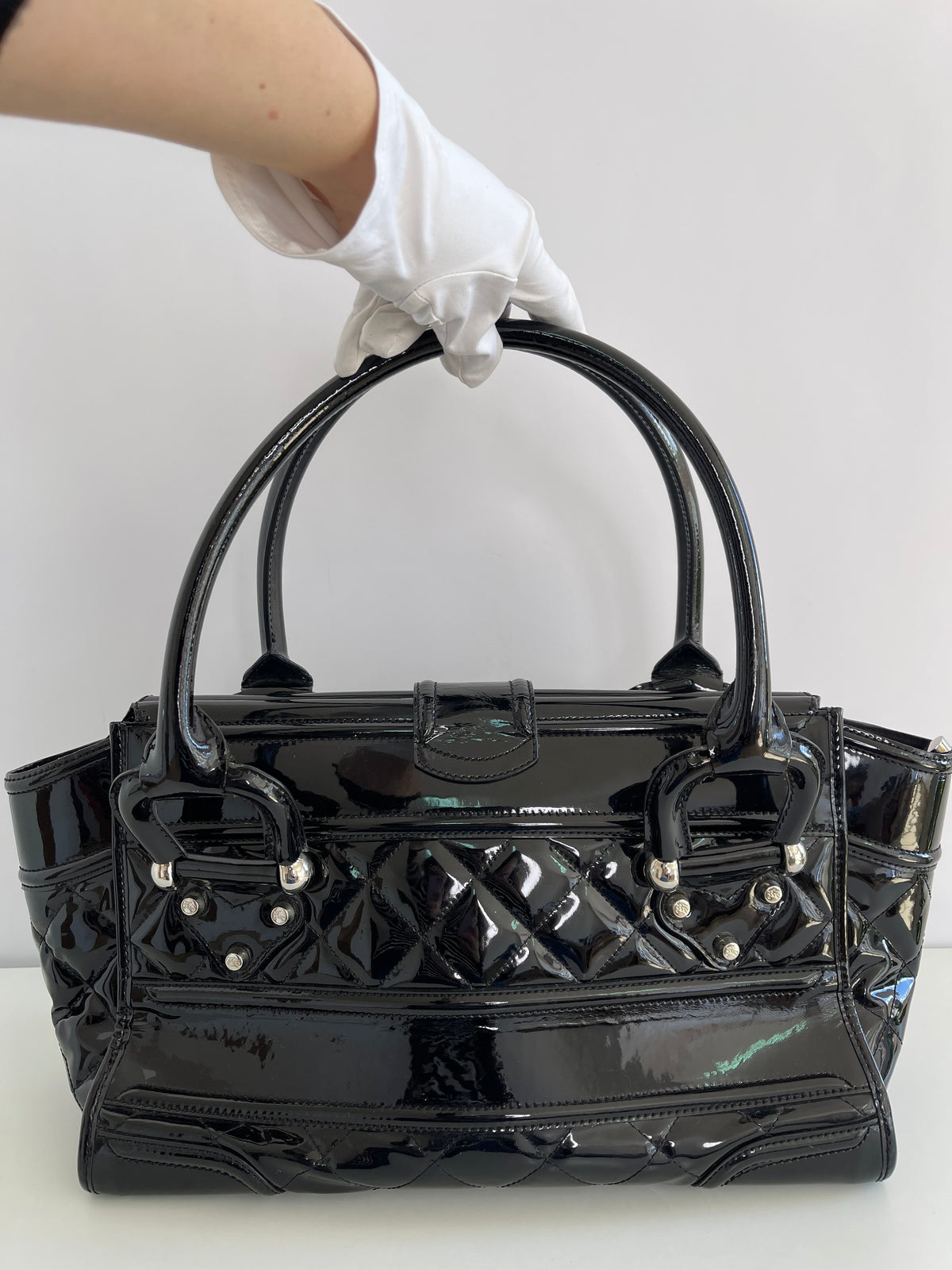 Burberry Black Quilted Patent Leather Manor Satchel
