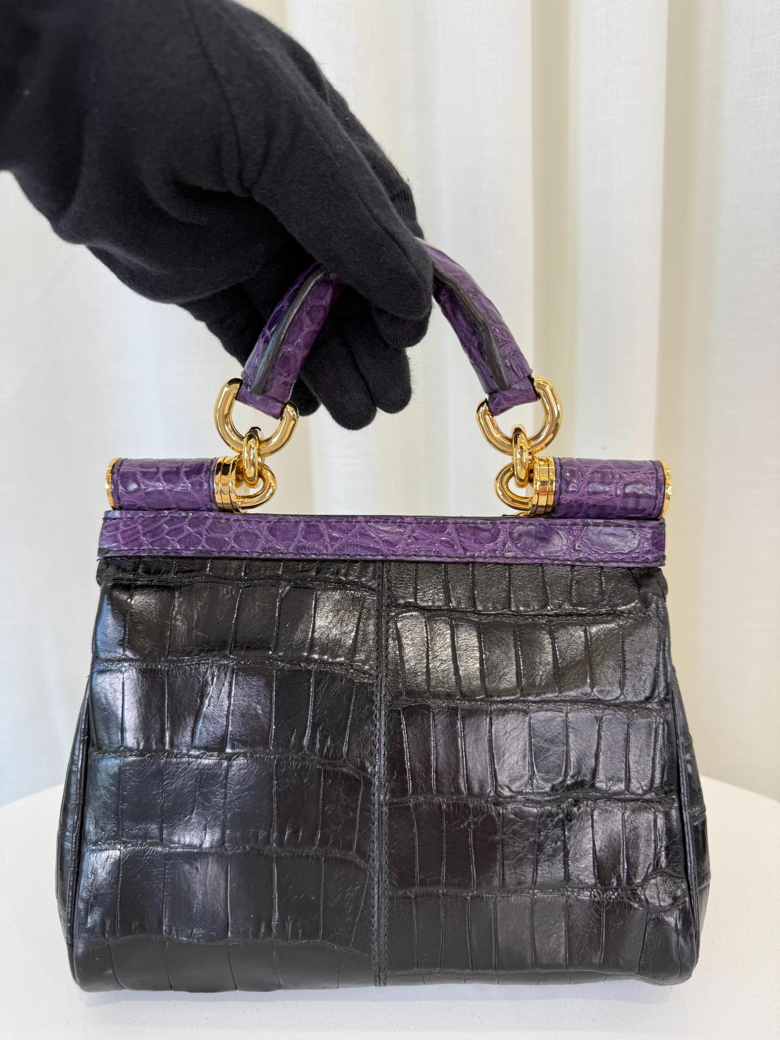 Dolce Gabbana Limited Edition Miss Sicily Small Black Crocodile Embossed Leather