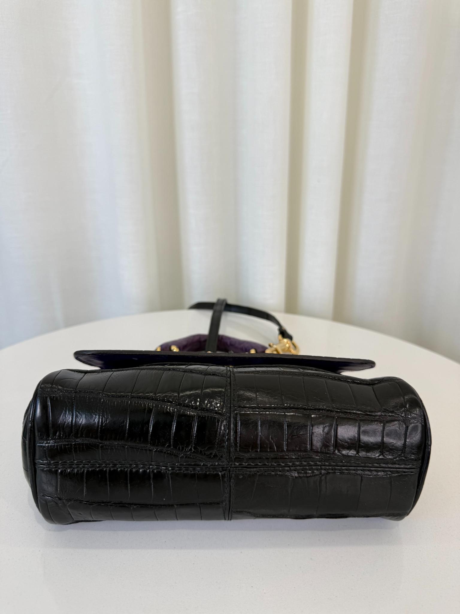 Dolce Gabbana Limited Edition Miss Sicily Small Black Crocodile Embossed Leather