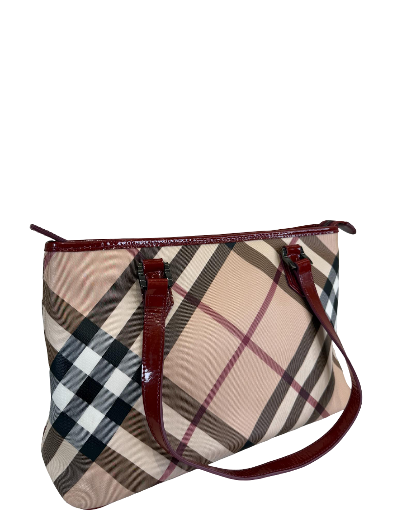 Burberry Burgundy Patent Leather Supernova Check Coated Canvas Nickie Tote Bag