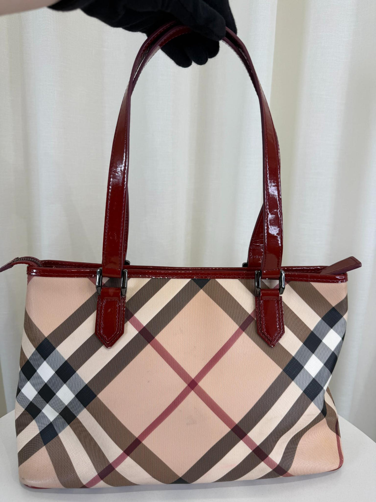 Burberry Burgundy Patent Leather Supernova Check Coated Canvas Nickie Tote Bag