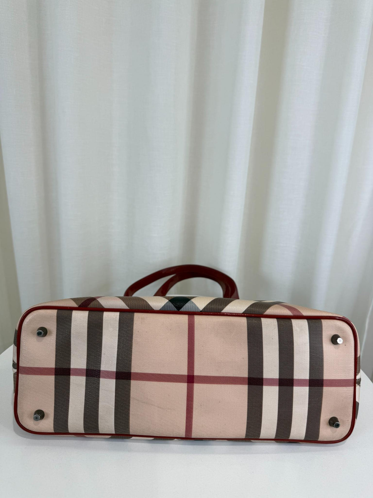 Burberry Burgundy Patent Leather Supernova Check Coated Canvas Nickie Tote Bag