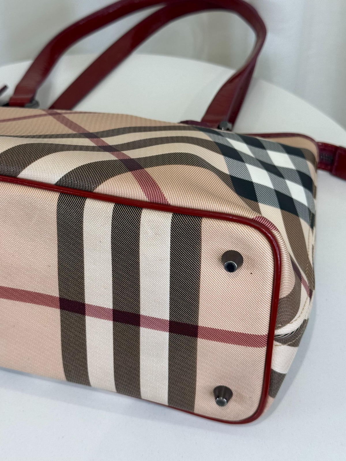 Burberry Burgundy Patent Leather Supernova Check Coated Canvas Nickie Tote Bag