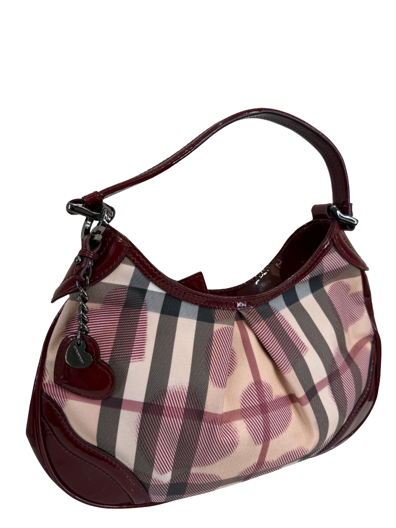 Burberry Burgundy Nova Check Heart Hobo Bag