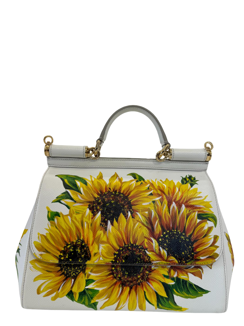 Dolce Gabbana White Sunflower Print Medium Miss Sicily Top Handle Bag