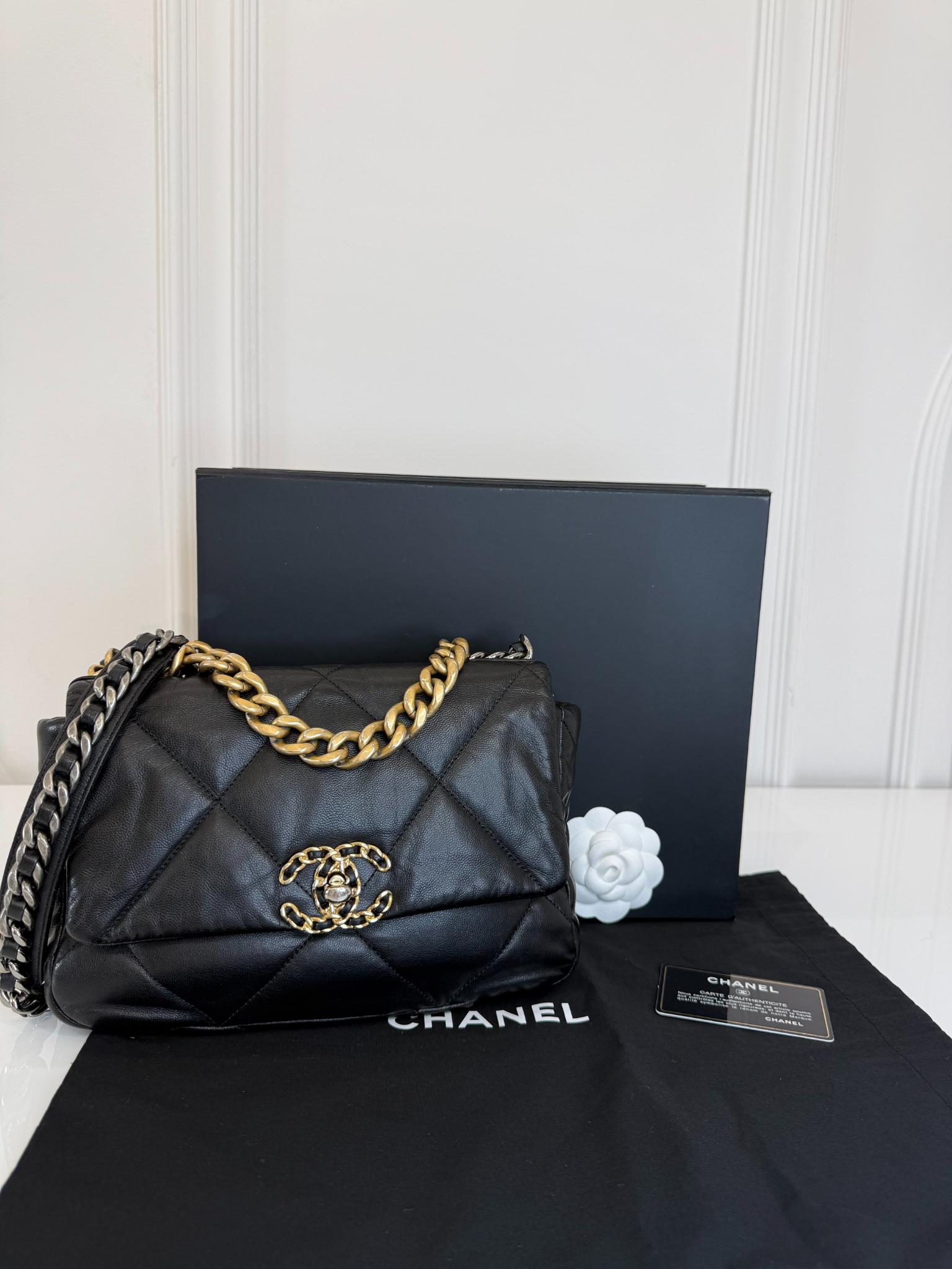 Chanel 19 Small Black Goatskin Quilted Leather Flap Bag